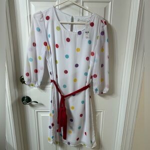New York & Company White Dress with Rainbow Polka Dots, Size Large